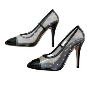Chanel Cap Toe Clear Black Pearl CC Logo High Heels Patent Leather 39.5 8.5 9